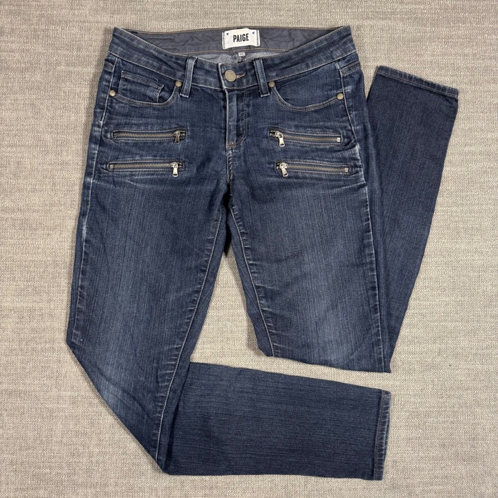 PAIGE Edgemont Skinny Jeans Blue Denim Moto Zip Detail Low Rise‎ Size 26
